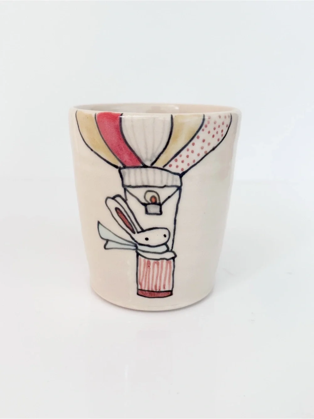 Handmade Pottery Tumbler Hot Air Balloon Bunny Illustrated Cup Artist Signed